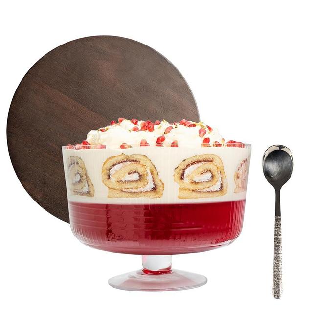 Elomere Large Trifle Bowl with Lid (120oz) - Stainless Steel Silver Serving Spoon & Acacia Wood Lid - Trifle Bowl Glass, Bowl with Pedestal - Truffle Dish for Layered Desserts, Fruits, Salads, Punch
