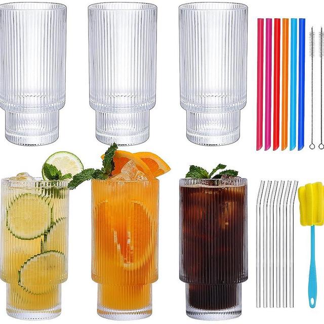 Moretoes Glass Cups, 6pcs,12oz, Ribbed Glassware with Straws Glass, Iced Coffee Cups, Cute Vintage Drinking Glasses Set