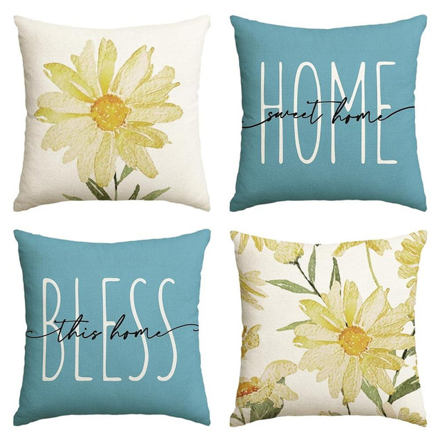 AVOIN colorlife Home Sweet Home Spring Summer Flowers Yellow Throw Pillow Covers, 18 x 18 Inch Blue Cushion Case for Sofa Couch Set of 4