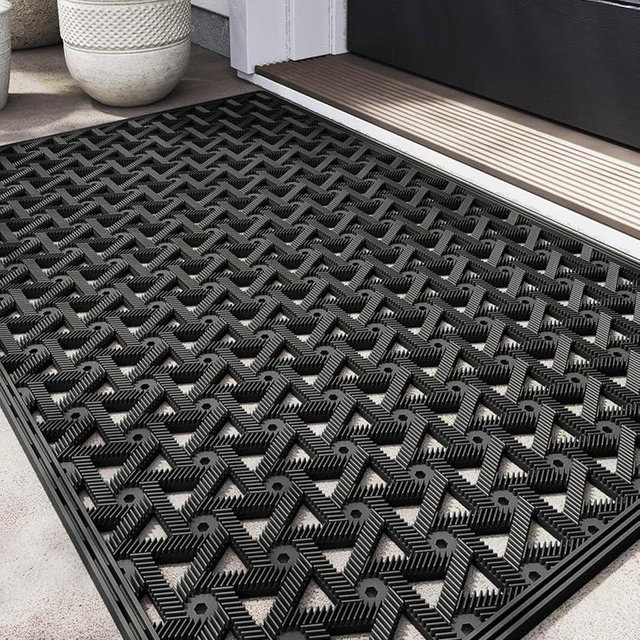 DEXI Front Door Mat Outside Entrance Rubber 19x30, Welcome Floor Doormat Heavy Duty Non Slip, Dirt Trapper Waterproof Exterior Entry Mats All Weather for Patio Entryway Drainage, Black