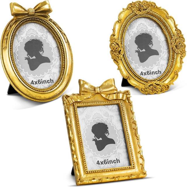 Vicenpal 3 Pcs Tiny Picture Frame Small Picture Frames Vintage Oval Resin Picture Frames Gold Black Vintage Baroque Ornate Antique Picture Frames for Home Wedding Display (Gold,4 x 6 Inch)