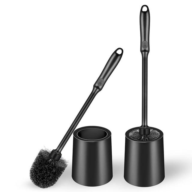 Toilet Brush and Holder 2 Pack with Long Handle - Non-Slip Grip Toilet Bowl Brush Set for Deep Cleaning Bathroom, Toilet Scrubber- Black