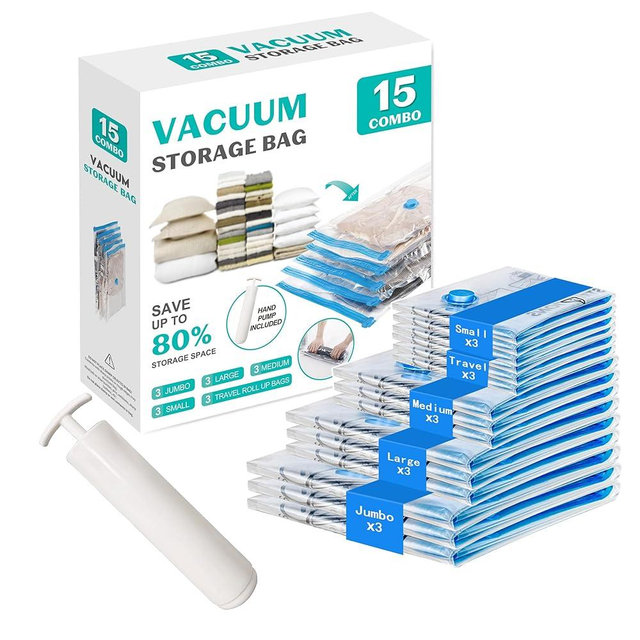 Vacuum Seal Bags for Clothing Travel, 15 Combo - Vacuum Storage Bags, Compression Bags for Travel, Blankets Luggage Clothes - Hand Pump Included（3 Jumbo, 3 Large, 3 Medium, 3 Small, 3 Roll Up Bags）