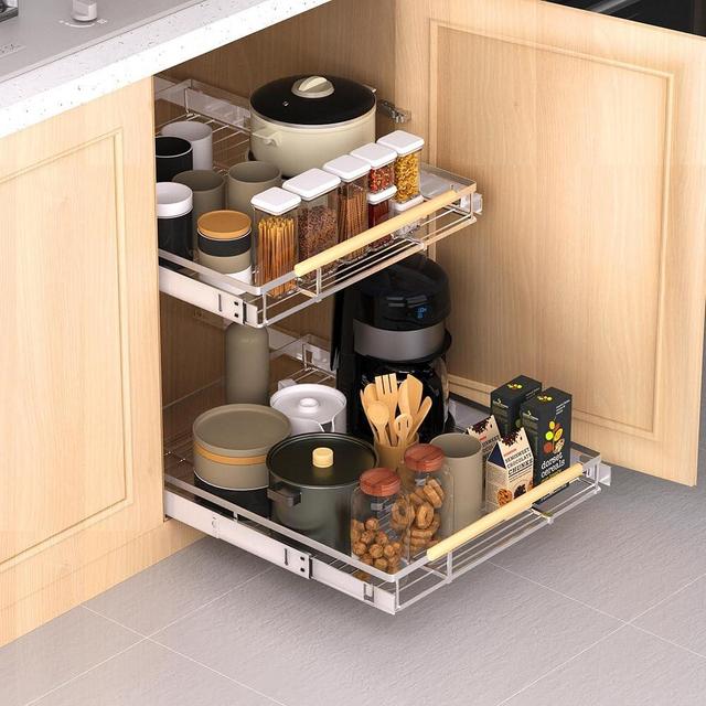 KIKIBRO Expandable Pull Out Drawer Cabinet Organizer, Adjustable Width Bottom-Mounted Slide Out Storage Shelves for Cabinets, Required Cabinet Size (14.86"~25.86", D≥22.5"), 2 Pack
