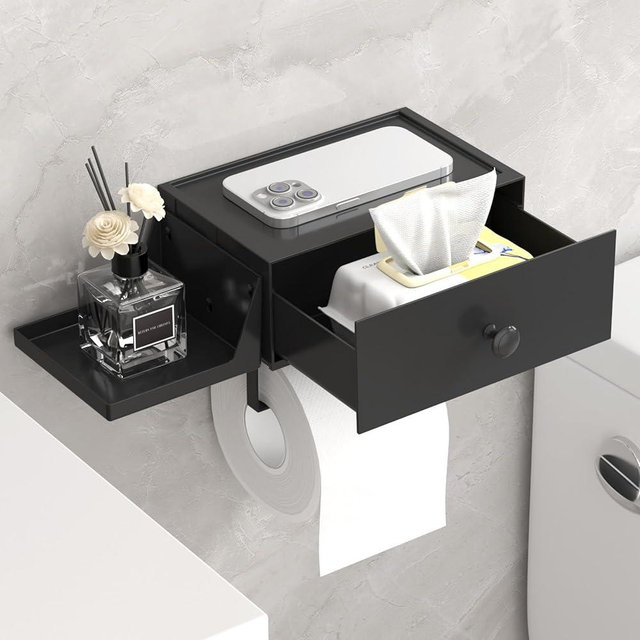 Lifewit Plastic Toilet Paper Holder with Shelf and Drawer, Screw or Adhesive Wall Mount Tissue Roll Storage, Sturdy Bathroom Wipes Dispenser Organizer, Black, 1 Pack
