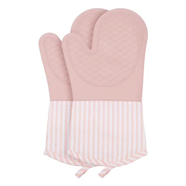 REGALWOVEN Thick Cotton Lining Silicone Heat Resistant Oven Mitts 13.4 x 7.3 Inch Set of 2 Lotus Root Pink