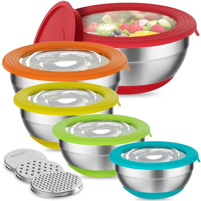 Humiwing Mixing Bowls with Lids Set, Stainless Steel Mixing Bowl Set, Nesting Mixing Bowls with Airtight Lids for Kitchen, 3 Grater Attachments & Non-Slip Bottoms for Mixing, Serving, Baking, Prepping