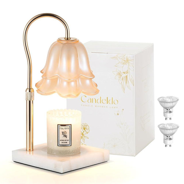 Candeldo Candle Warmer Lamp with Timer: Flower Candle Warming Lamp with Marble Base Height Adjustable Wax Warmer Dimmable Modern Kitchen Bathroom Decor Mom Birthday Gift for Grandma