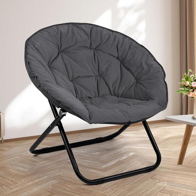 Folding Saucer Chair, Lazy Moon Chair with Metal Frame, Comfy Bedroom Chairs for Bedroom, Living Room, Study Grey JC