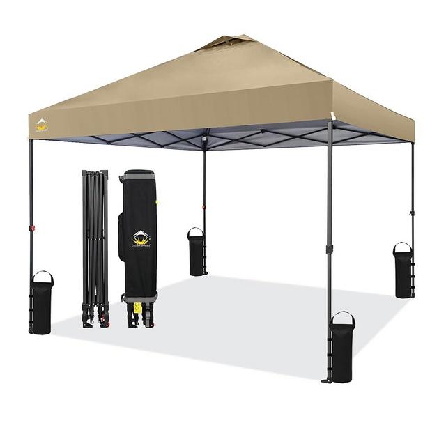CROWN SHADES 10x10 Pop Up Canopy - Beach Tent with One Push Setup - Outdoor Canopy Tent with STO-N-Go Cover Bag for Events, Parties, Silver Coated Top, 3 Height & 4 Sand Bags,Khaki