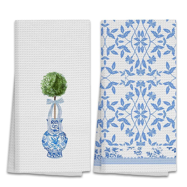 Hxlac Chinoiserie Decor Kitchen Towels Set of 2, Blue and White Porcelain Dish Towels, Blue Floral Hand Towels for Kitchen Bathroom Decor, Blue and White Chinoiserie Tea Towels Dishcloths(16x24in)