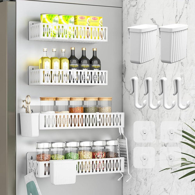 Sevenblue 4 Pack Large Magnetic Spice Rack for Refrigerator, Spice Rack Organizer, Moveable Magnetic Shelf Fridge Organizer with 4 Hooks for Kitchen and Oven Organization, White