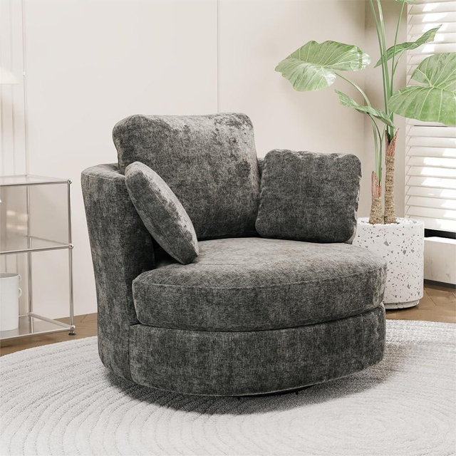 Chifee & Vingol 40.35" Oversized Swivel Accent Chair, Upholstered Round Barrel Chair with Pillows Swivel Chairs for Living Room Bedroom,Chenille,Gray