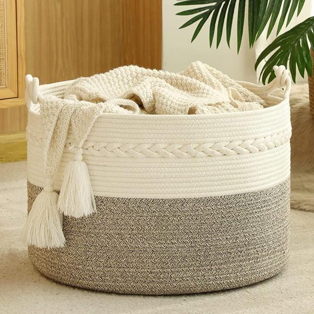 KAKAMAY Large Blanket Basket (20"x13"),Woven Baskets for storage Baby Laundry Hamper, Cotton Rope Blanket Basket for Living Room , Laundry, Nursery, Pillows, Baby Toy chest (White/Beige)