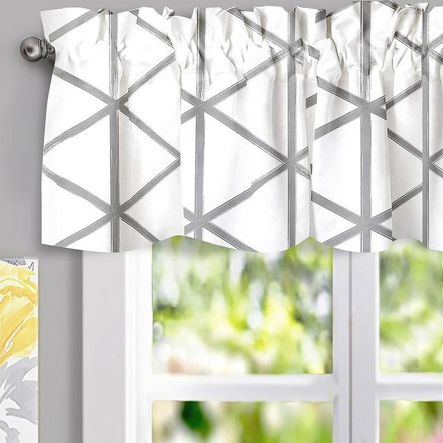 DriftAway Raymond Geometric Triangle Trellis Pattern Lined Thermal Insulated Energy Saving Window Curtain Valance for Living Room 2 Layers 52 Inch by 14 Inch Plus 2 Inch Header Gray and White