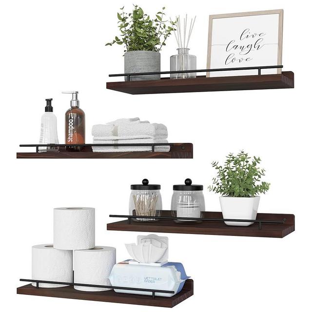 WOPITUES Floating Shelves with Black Metal Rail, 4 Set Shelves for Wall Decor, Rustic Wood Wall Shelves for Bathroom, Bedroom, Living Room, Kitchen, Plants, Books, Picture Frames- Dark Brown