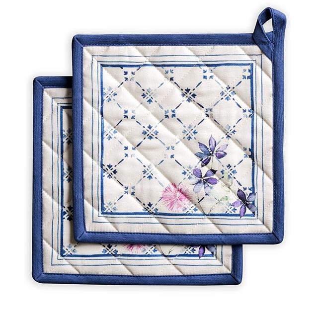 Maison d' Hermine Faience 100% Cotton Set of 2 Pot Holders with Loop Heat Resistant for BBQ | Cooking | Baking | Grilling | Microwave | Barbecue | Spring/Summer (8 Inch by 8 Inch)