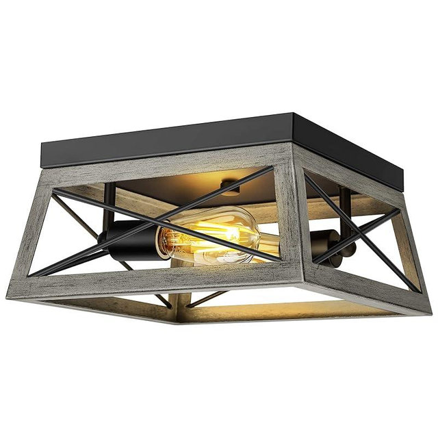 DEWENWILS Farmhouse Flush Mount Ceiling Light Fixture, 2-Light Close to Ceiling Lamp with Wood Grain Finish, Industrial Semi Flush Mount Island Light for Hallway Kitchen Entryway Living Room