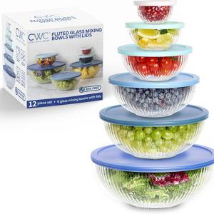 12 Pc Glass Mixing Bowl Set with Lids, Fluted Blue