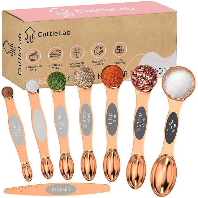 CuttleLab Rose gold Magnetic Measuring Spoons Set of 9, Stainless Steel, Double Ended Stackable Teaspoon Tablespoon, For Dry and Liquid Measures and Spice Jars