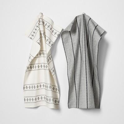 2pk Flour Sack Kitchen Towel Stripe and Embroidery Set of 2 - White / Gray - Hearth & Hand™ with Magnolia