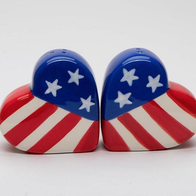 Fine Ceramic Patrotic Heart Shape American Flag Salt & Pepper Shakers, 2-1/2" H
