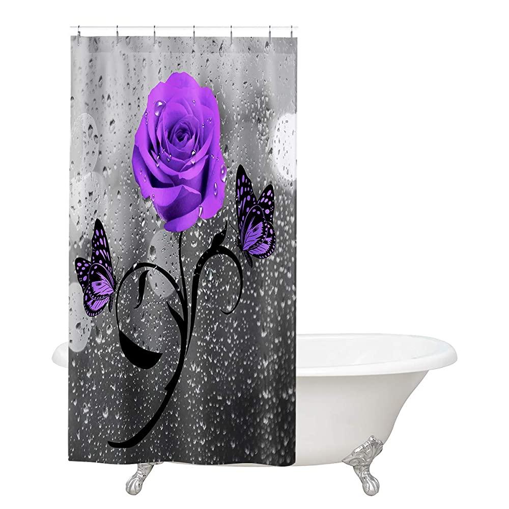 Homewelle Purple Rose Shower Curtain Small Stall 36wx72l Inch Floral Butterflies Raindrop Grey And White Beautiful Elegant Plant Polyester Fabric 12 Pack Plastic Hooks Bathroom Bathtub Bath Bathroom Accessories Rayvoltbike Com