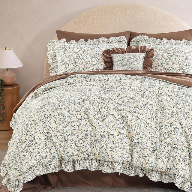 BLOOMHAVEN King Comforter Set - 7 Pieces Ruffle Beige Ditzy Bedding Sets, Shabby Chic Farmhouse Bed in a Bag King with Floral Comforter, Sheets, Pillowcases & Shams
