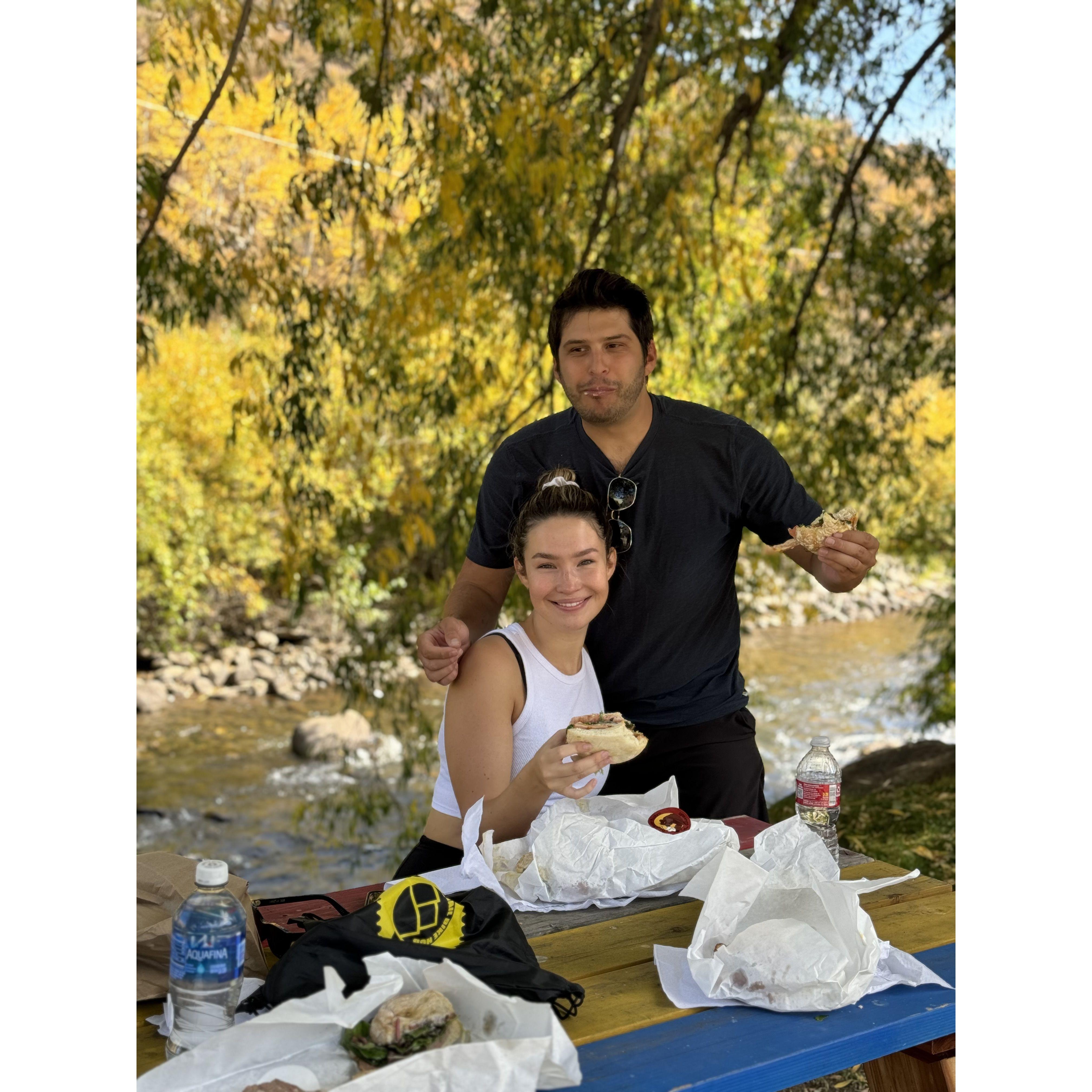 The day in Vail that Sopa realized the saying "just like riding a bike" is a lie. Sopa did not remember how to ride a bike and crashed into Gavin's mom, Heather, and took out a brick on the bridge.