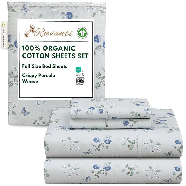 RUVANTI 100% Organic Cotton Sheets Full Size, Percale Weave, GOTS Certified, 4-Piece Set, Deep Pocket 15", Crisp & Breathable, Soft Durable Bedding, Sábanas Algodón Orgánico – Butter Flight