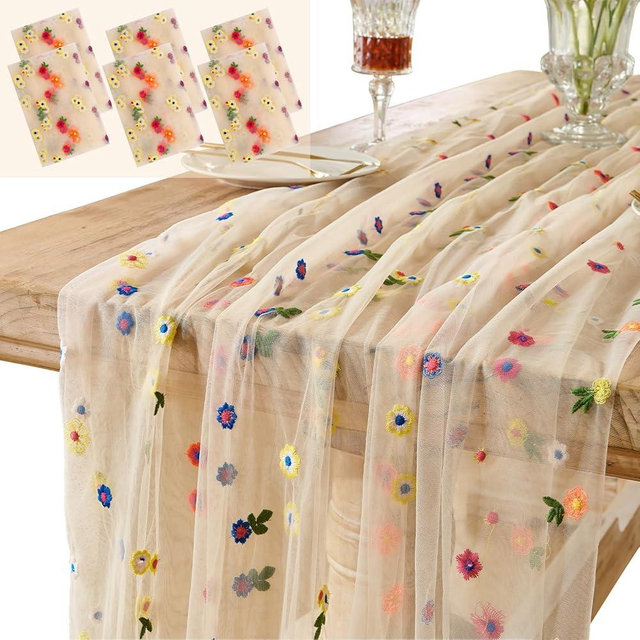 Hugestar 6PCS Champagne Floral Table Runner 10 FT, Embroidery Daisy Table Runners Seasonal Spring Summer Sheer Tulle Dining Table Decor for Home Party Birthday Decor 29x120 Inch ﻿