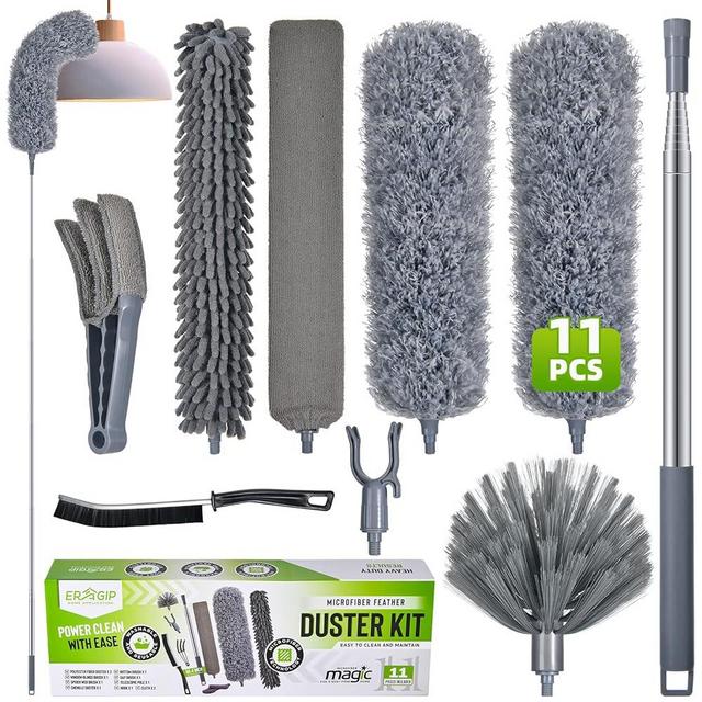 Extendable Feather Duster with Extension Pole 30 to 100 Inches, 11 Pcs Cleaning Kit with Microfiber Feather Dusters, Crevice Cleaning Brush, for Cobwebs, Blinds, Furniture, High Ceilings & Cars