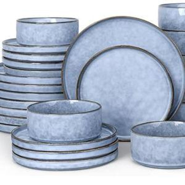 LIANYU 24 Pcs Plates and Bowls Dinnerware Sets for 8, Stoneware Dinner Dish Set, Dishware for Dessert Salad Pasta, Microwave & Dishwasher Safe, Serenity Blue