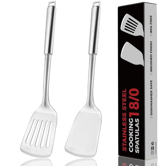 MUJINON 14.5-in Stainless Steel Spatula Set, 18/0 SS Heavy Duty Turner & Slotted Spatula for Kitchen Use, Cast Iron Grilling Frying, Pack of 2