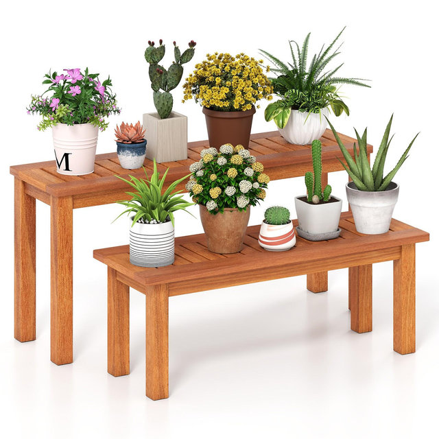 Costway Wooden Plant Stand Set of 2 w/ Teak Oil Finish Slatted Top Rustic Plant Rack