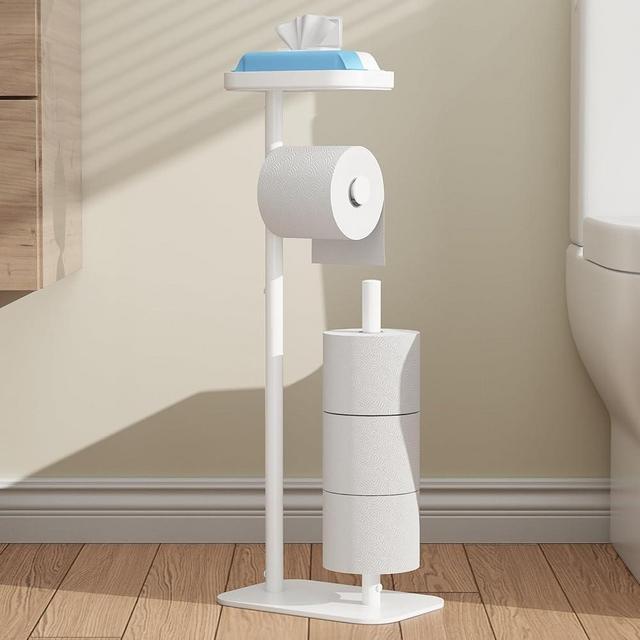 Kitsure Toilet Paper Holder Free Standing – Rustproof Metal Toilet Paper Stand for 4 Rolls with Anti-Slip Base and Shelf for Phone & Small Items, Bathroom Organizers and Storage, White