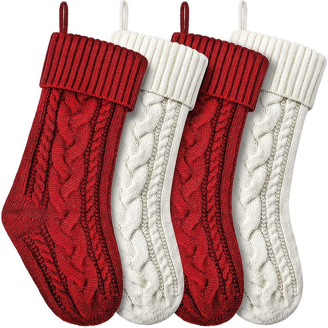 Christmas Stockings Knitted Xmas Stockings Double-Sided 18 Inches Fireplace Stockings for Family Christmas Decoration (Burgundy,Ivory, 4)