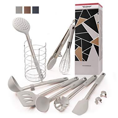 REMIHOF Silicone Kitchen Utensil Set - Nonstick Silicone and Stainless Steel Cooking Utensils - Spatula Turner Ladle Pasta Server - Best Culinary Gift Set (9pcs, Grey)
