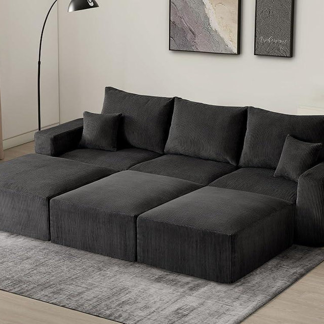Sectional Cloud Boneless Sofa Bed Couches for Living Room-113'' Black 3 Seater Modern Lounge Sleeper Couch-No Assembly-Modular Corduroy Convertible Sponge Compression Sofas with Chaise for Home House