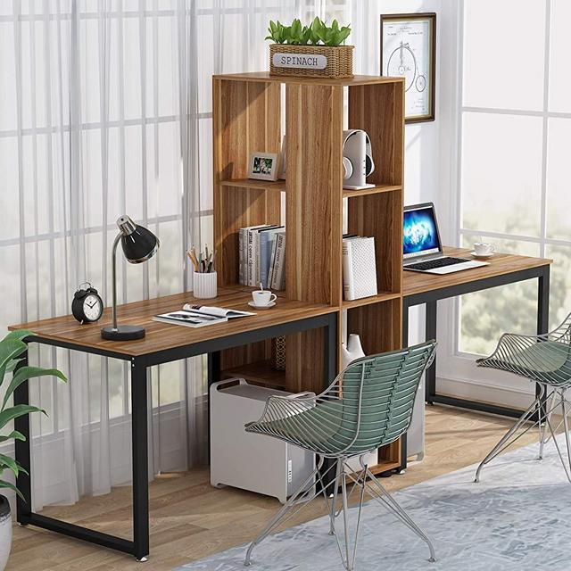 Tribesigns 91 Inches Two Person Computer Desk with Shelves, Extra Large Double Workstations Office Desk with Storage for Home Office (Dark Walnut)