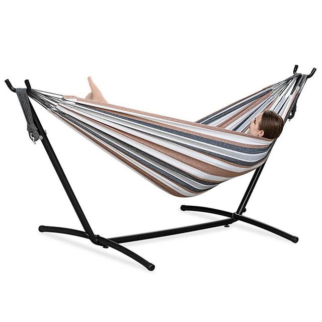 PNAEUT Double Hammock with Space Saving Steel Stand 2 Person Heavy Duty Garden Yard Outdoor 450lb Capacity Hammocks and Portable Carrying Bag (Coffee)