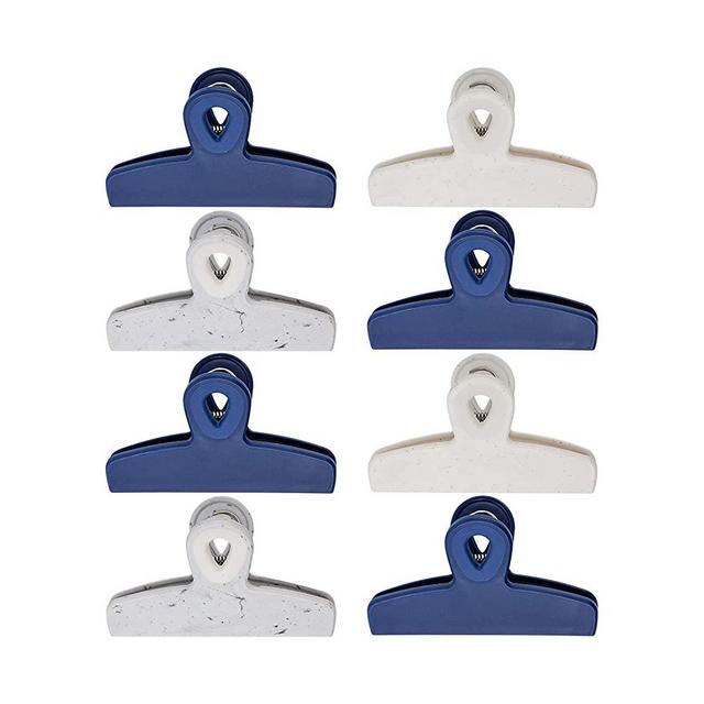 COOK WITH COLOR Set of 8 Large Heavy Duty Bag Clips- 5" Chip Bag Clips, Large Food Clips for Food Storage with Air Tight Seal Grip for Bread Bags, Snack Bags and Food Bags (Blue and White)