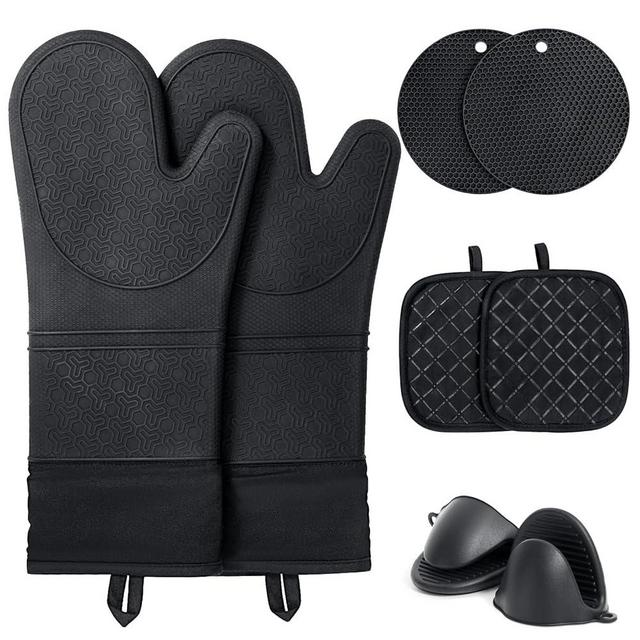 Funnydin Oven Mitts and Pot Holders Sets, 8pcs Pot Holders and Oven Mitts Heat Resistant, Kitchen Non-Slip Silicone Oven Mitts with Soft Cotton Lining, 14.5" Extra Long Oven Gloves for Cooking, Black