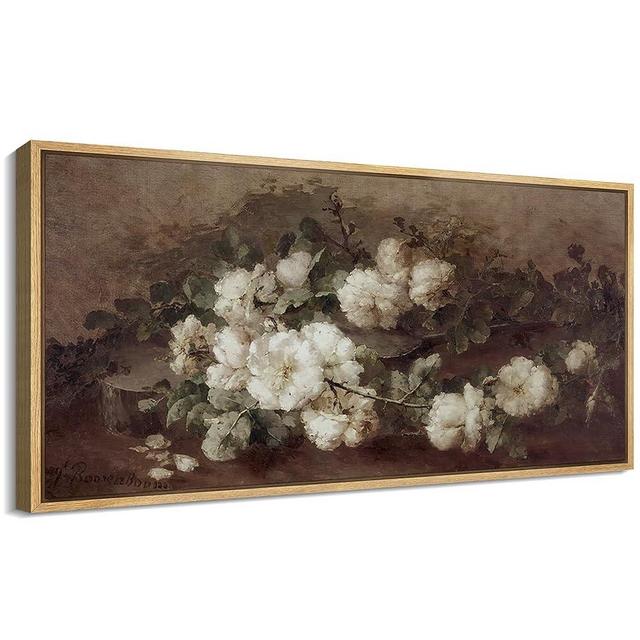 MUDECOR Extra Large Framed Canvas Print Wall Art Romantic White Roses Vintage Floral Nature Wilderness Antique Retro Fine Art Illustrations Decorative Colorful Multicolor for Bedroom - 60"x30"