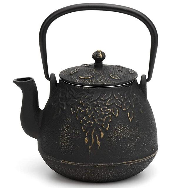 Tea Kettle, TOPTIER Japanese Cast Iron Tea Pot for Stove Top, Cast Iron Teapot Humidifier for Wood Stove, Leaf Design Tea Kettle Coated with Enameled Interior for 32 Ounce (950 ml), Black