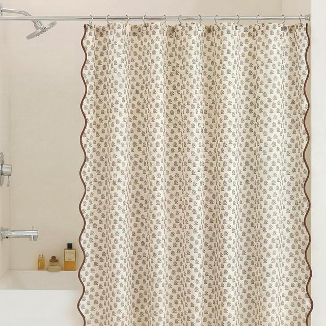 Mindsoft Begonia Toile Shower Curtain 72" x 72" Cotton Linen Brown and White Print Curved Edge Curtain with 12 Metal Hooks Waterproof Bath Decor for Kitchen 18th Century Style Bath Accessories