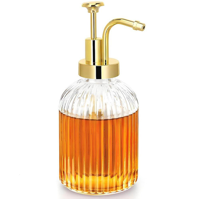TIWPAJS Glass Coffee Syrup Dispenser 10oz, Syrup Bottles with Ribbed Design, Gold Syrup Pump, Coffee Bar Accessories, Honey Dispenser