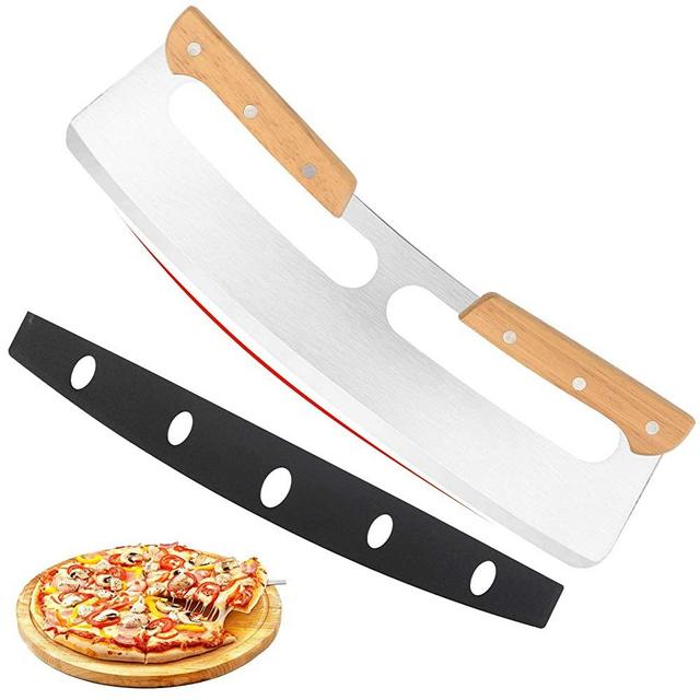 14" Pizza Cutter Rocker with Wooden Handles, Sharp Stainless Steel Pizza Slicer Knife Blade with Protective Cover, Upgrade Accessories Chopper for Pie Pizza Making Kit by Lascritta (14 inches)