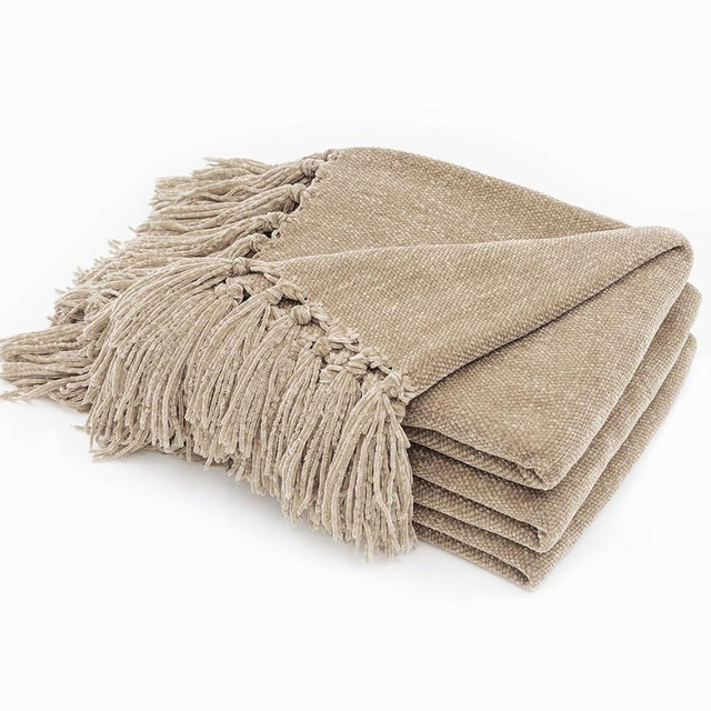 EVERGRACE Soft Chenille Throw Blanket for Couch, Cozy Plush Fuzzy Decorative Chenille Knit Throw Blanket with Tassels, Lightweight Blanket and Throws for Bed Sofa Gift Home Decor, Beige 60"x80"