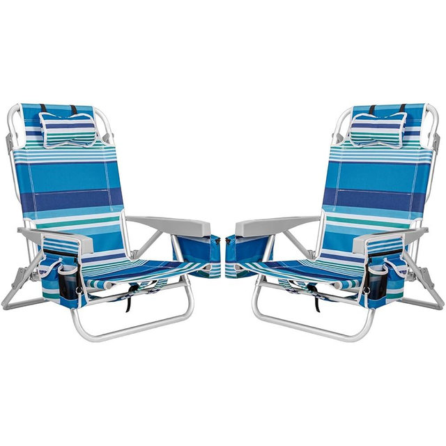 2Pk Aluminum 5-Position Lay Flat Folding Backpack Beach Chairs for Adults, with Cooler Bag, Cup&Phone Holder, Towel Bar for Outdoor Lawn Picnic Sport, Portable Foldable Camping Chairs, Blue Stripes